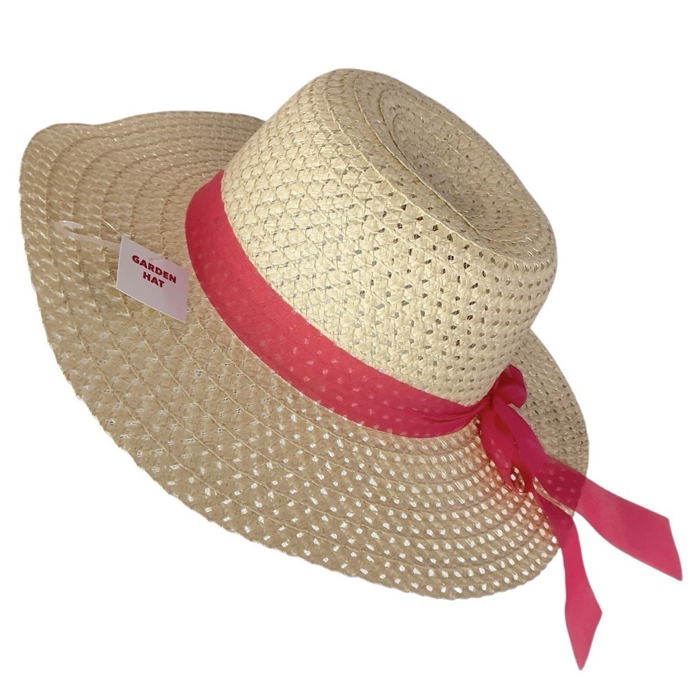Straw Sun Beach Hat with Wide Brim Boho Chic Pink Coral Ribbon Bow Women OS - Picture 10 of 16